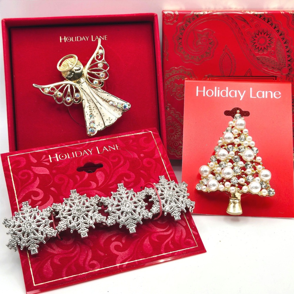 Holiday Lane Christmas Snowflake Bracelet Angel Tree Brooches Faux Pearl Crystal